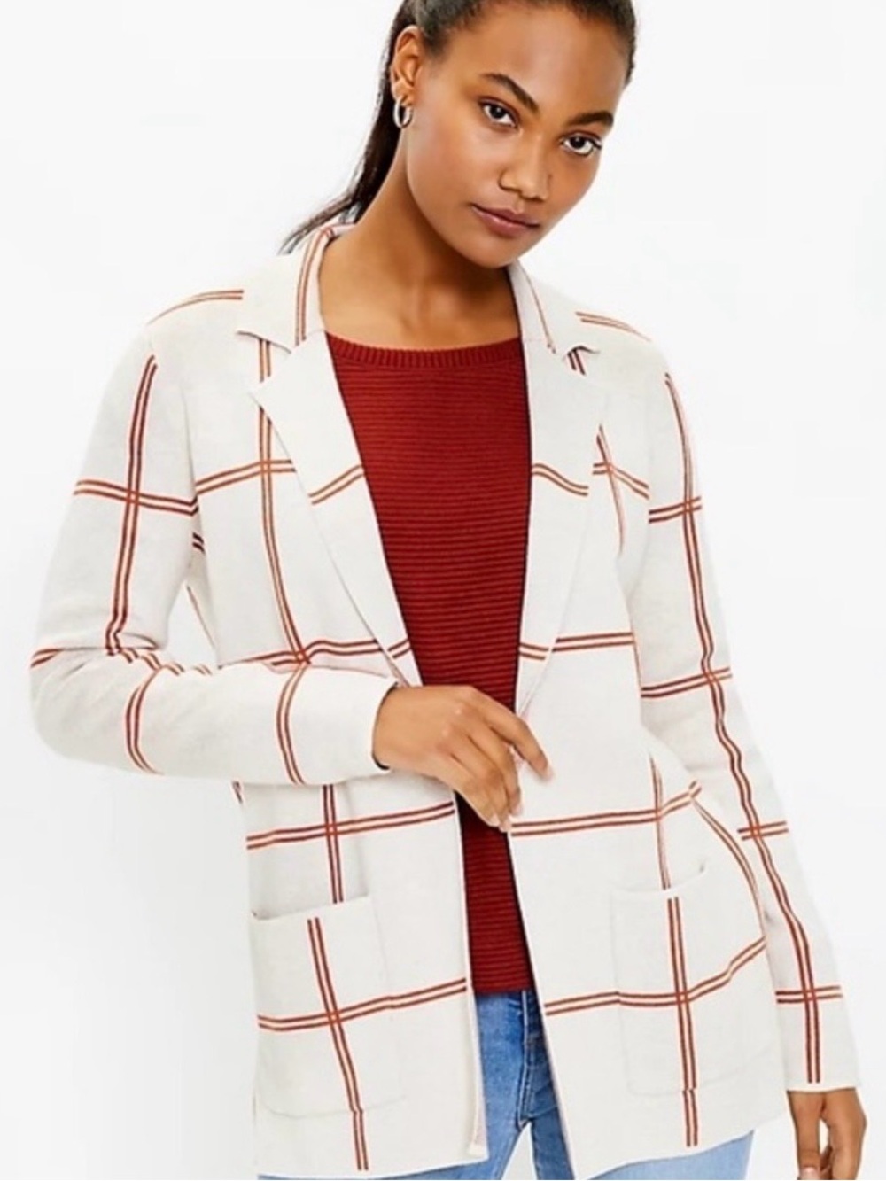 LOFT Cream Windowpane Cardigan with Rust Stripes